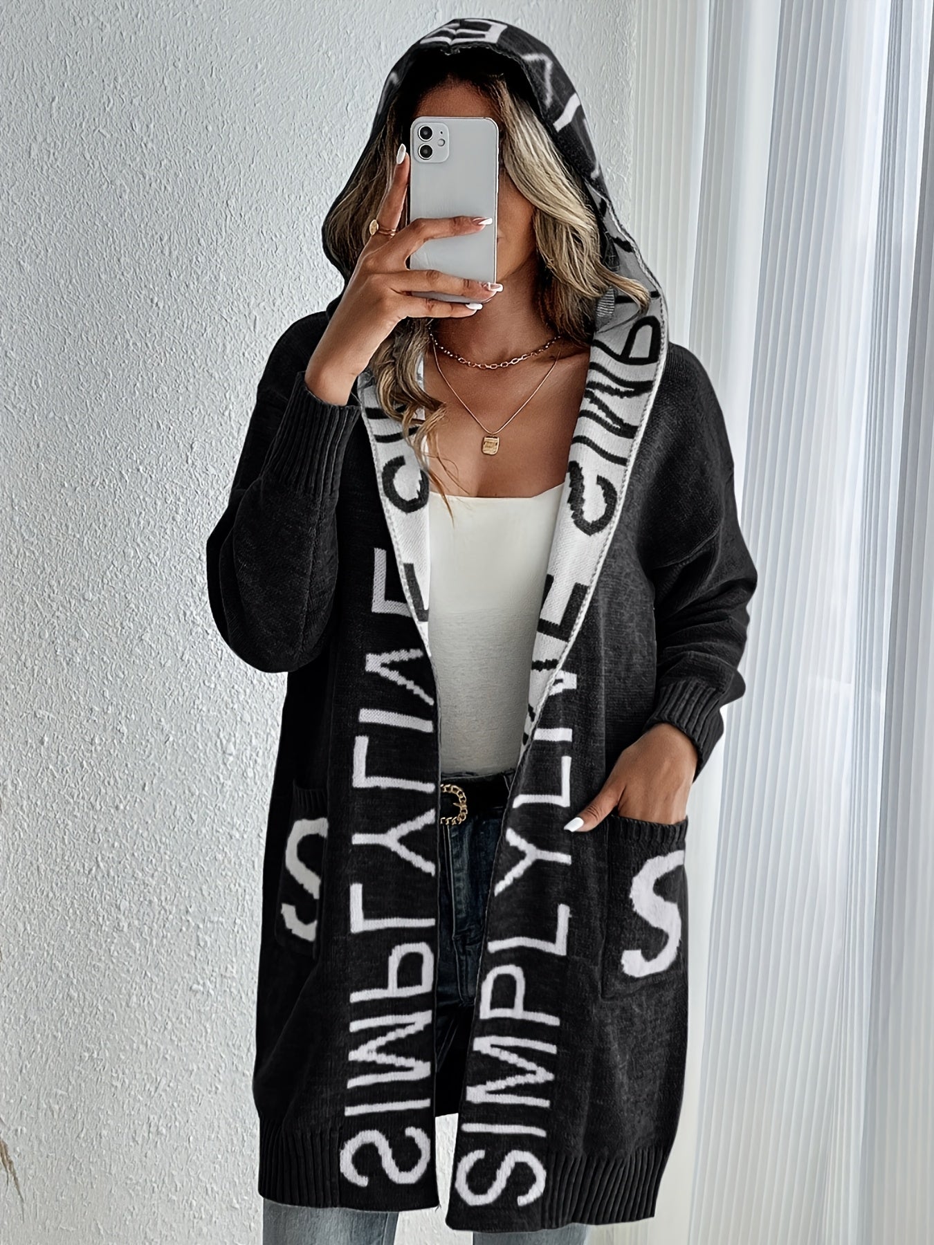 Women's Letter Print Open Front Knit Cardigan - Casual Hoodie Long Sleeve - Cozy Fleece Material - For Fall & Winter - Perfect for Casual Wear & Layering - Ideal Gift for Women